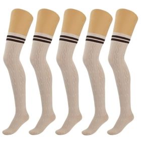 5 Pairs Over Knee Thigh High Cotton Socks for Women Warm Boot Leg (Color: Beige, Shoe Size: 5-10)